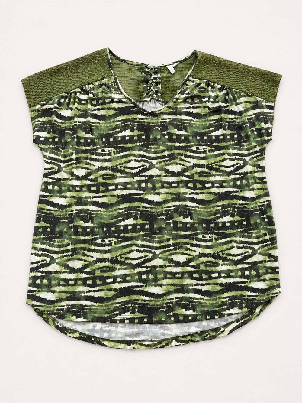 Cato Green Abstract Print Lace-Up in back Blouse Large